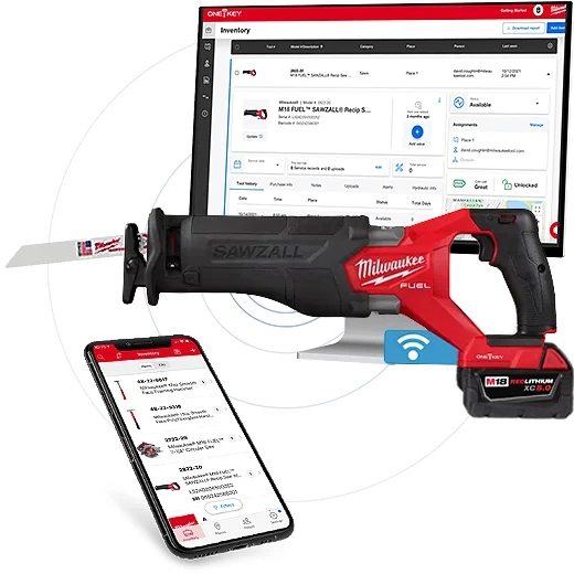 App ONE-KEY en computadora y celular junto a una sierra SAWZALL® M18 FUEL™ conectada