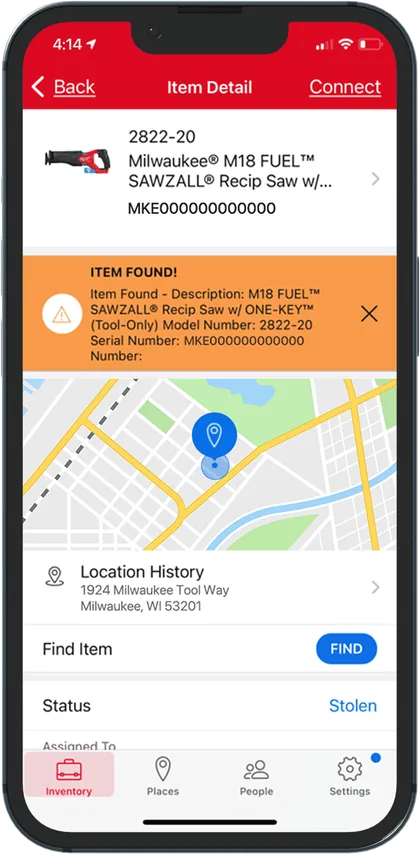 App One-Key mostrando la ubicación de una herramienta encontrada